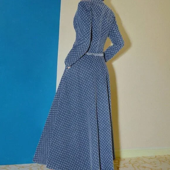 Blue Elegant Womens Denim Jacquard Lapel Collar Raw Edge Jacket & Maxi Skirt Set - Picture 3 of 7